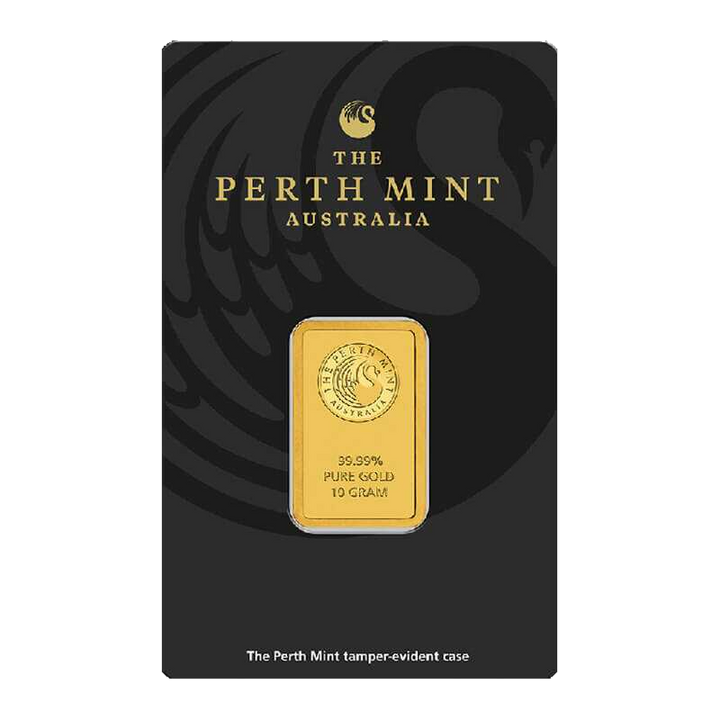 Ten gram Perth Mint minted gold bar, illustrating how bullion premiums sit above the spot metal price
