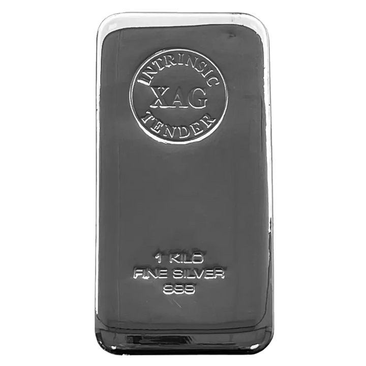 One kilogram fine silver cast bar, illustrating the difference between bullion bars, coins and rounds