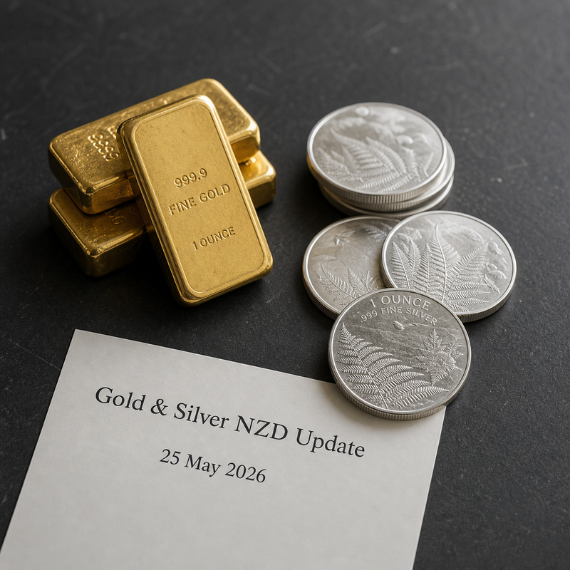 Gold and silver market update. NZD prices for 25 May 2026